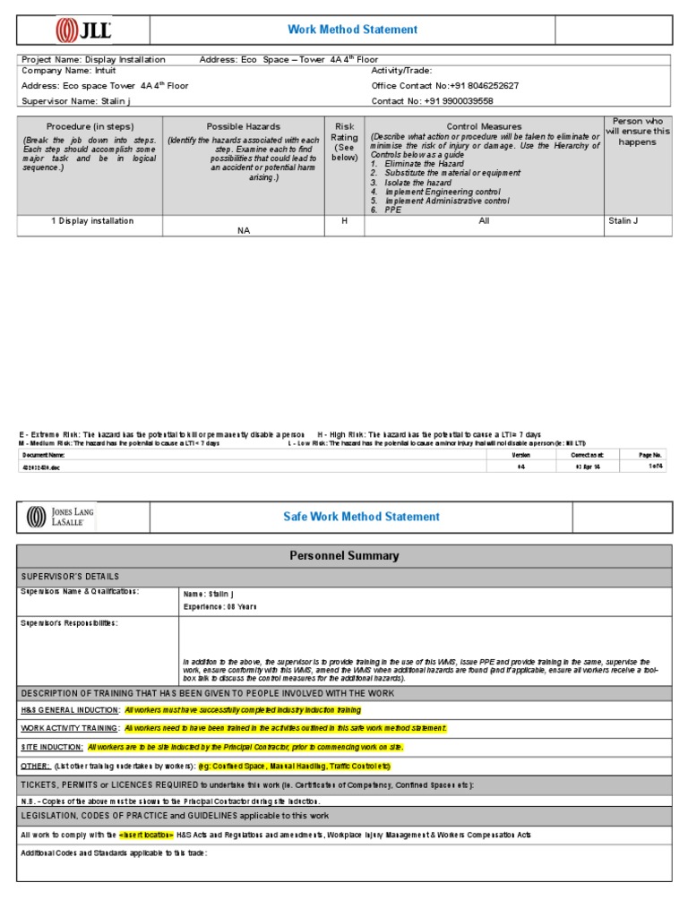 Safe Work Method Statement for Display Installation | PDF | Personal ...