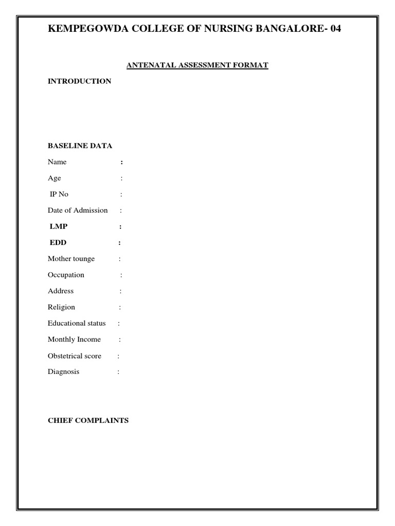 Antenatal Assessment Format Guide | PDF | Pregnancy | Obstetrics