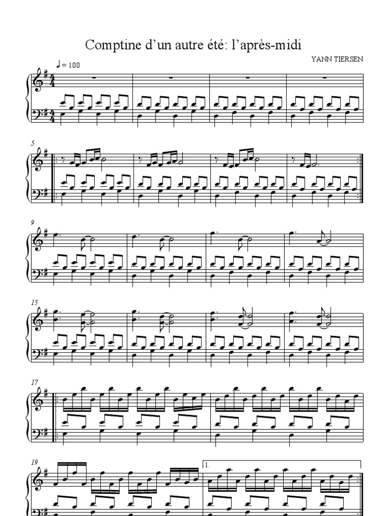(Sheet Music - Piano) Comptine D&rsquo;un Autre Été - Amelie Poulain By Yann