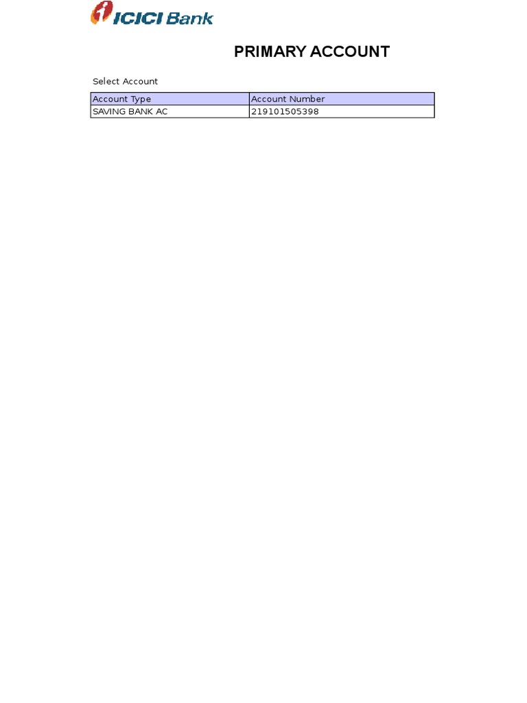 Primary Account: Select Account Account Type Account Number Saving Bank ...