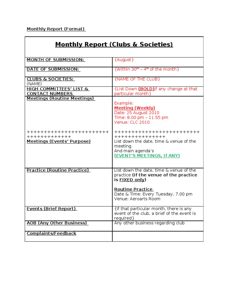 Monthly Report Template for Clubs | PDF