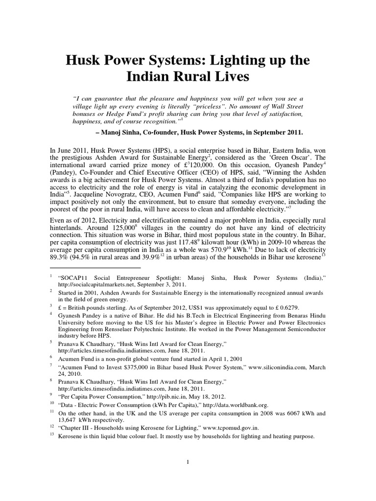 Husk Power Systems Pdf Gasification Electric Power