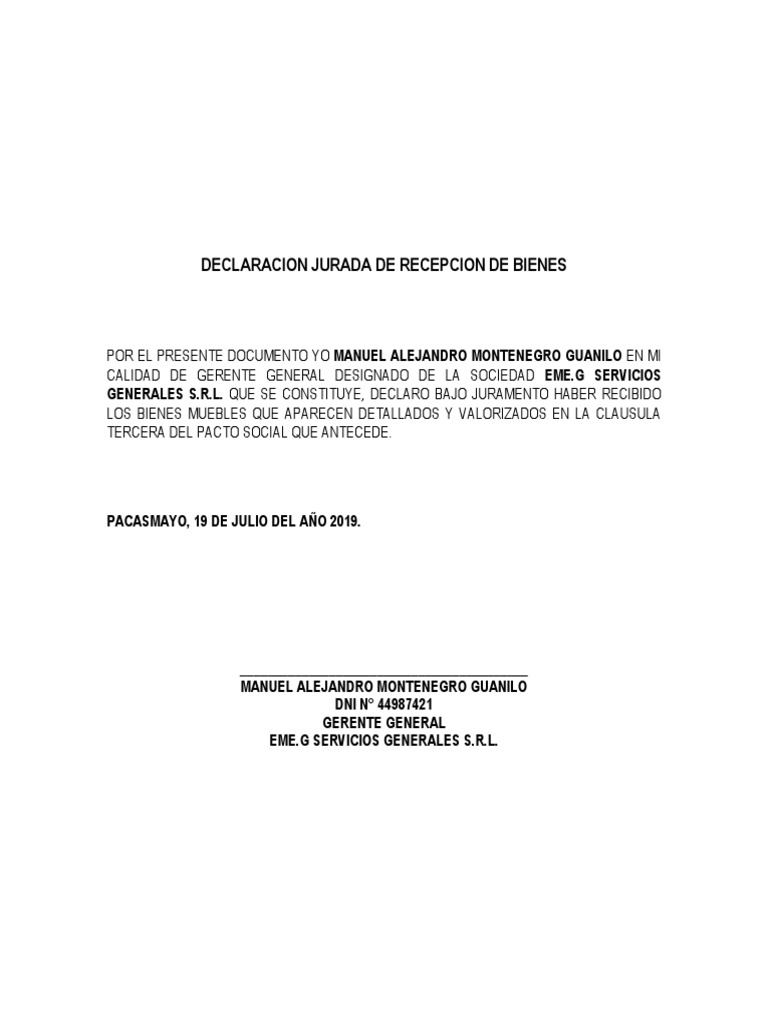 Declaracion Jurada de Recepcion de Bienes | PDF