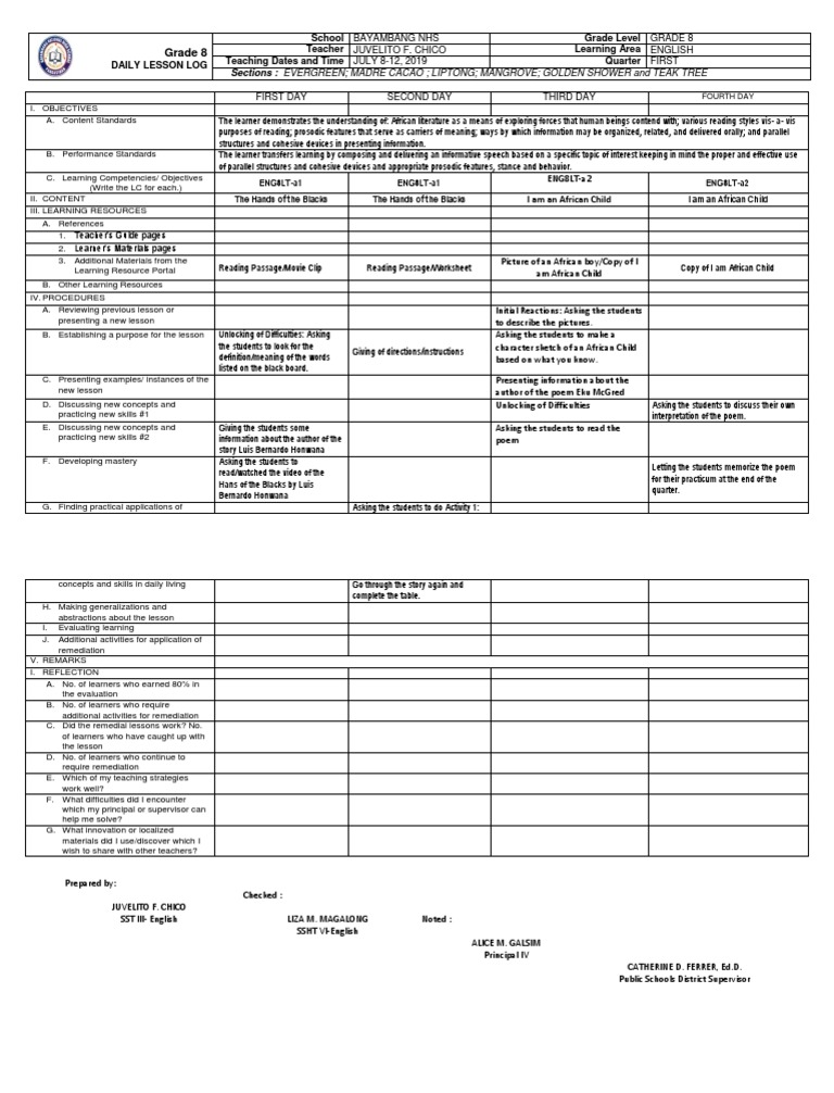 Grade 8 English Lesson Plan | PDF | Learning | Teachers