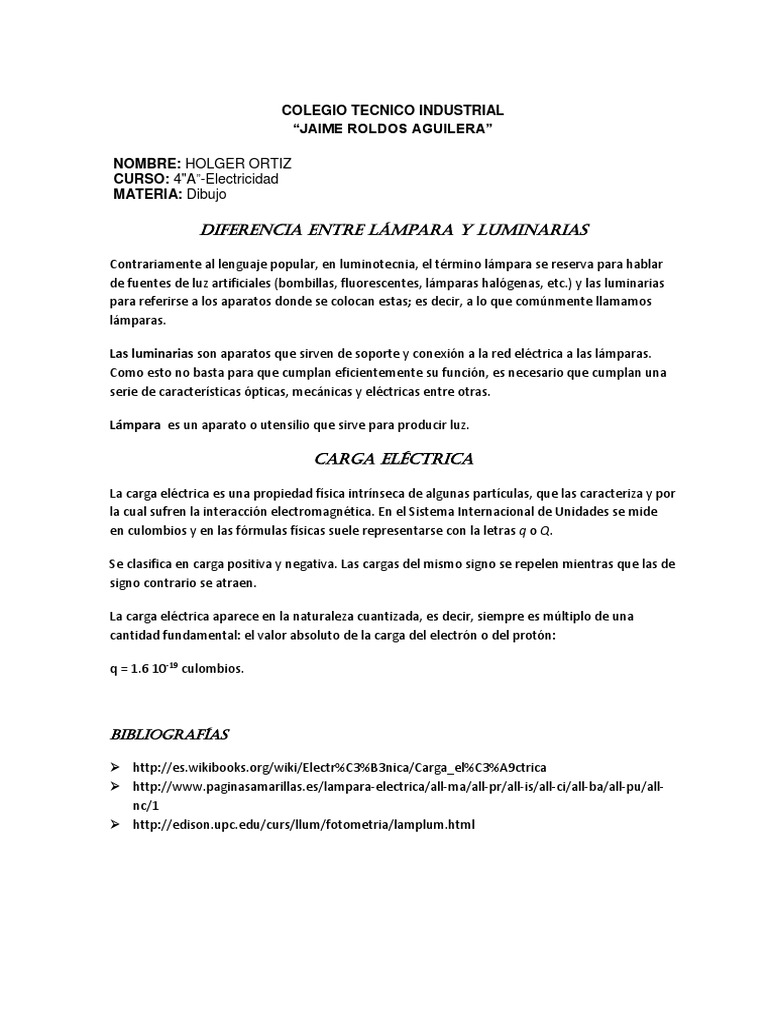 Diferencia entre lámparas y luminarias y concepto de carga eléctrica
