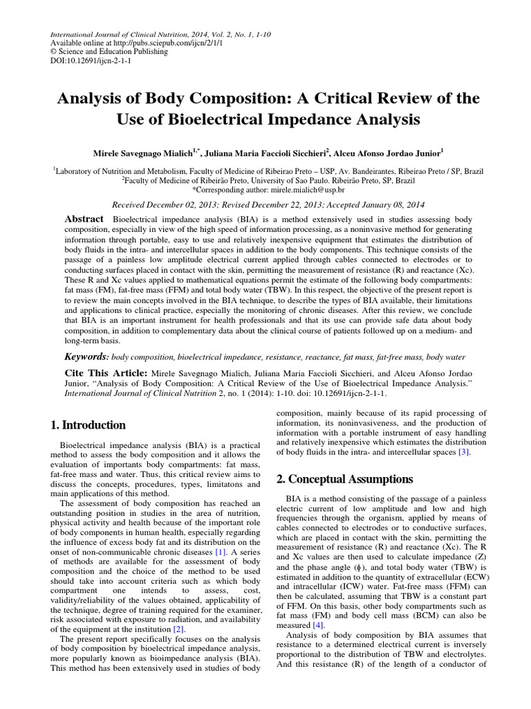 Analysis of Body Composition A Critical Review of The Use of ...