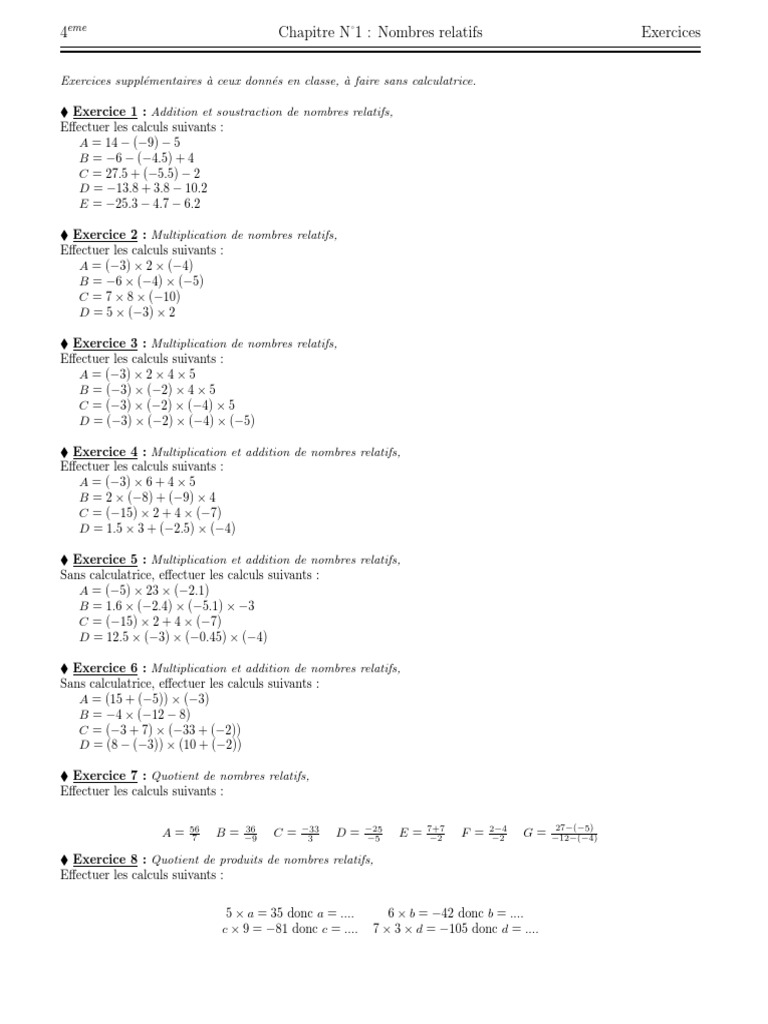 Exercices Addition Et Soustraction De Nombres Relatifs 5ème Pdf Exercices Supplementaires Chap 1 | PDF | Multiplication | Algèbre générale