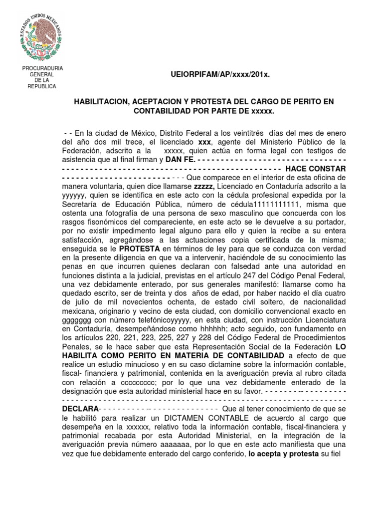 Protesta y Aceptación de Cargo de Perito | PDF | Contabilidad | Contador