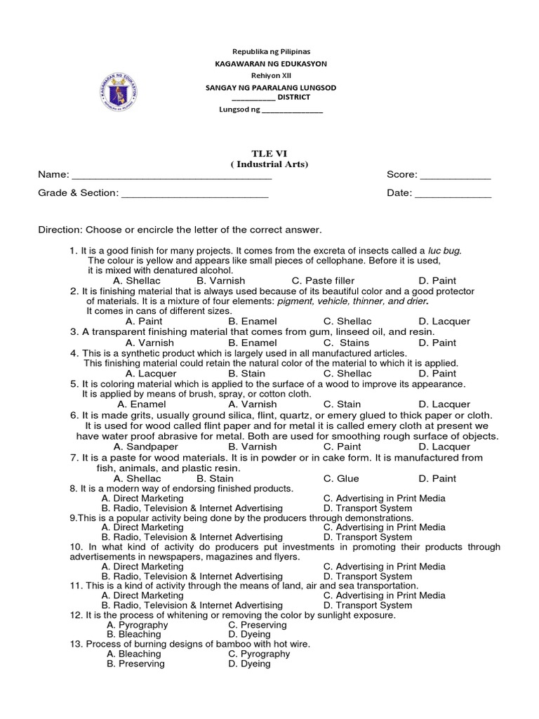 TLE 6 Industrial Arts Q4 PT PDF Paint Drawing