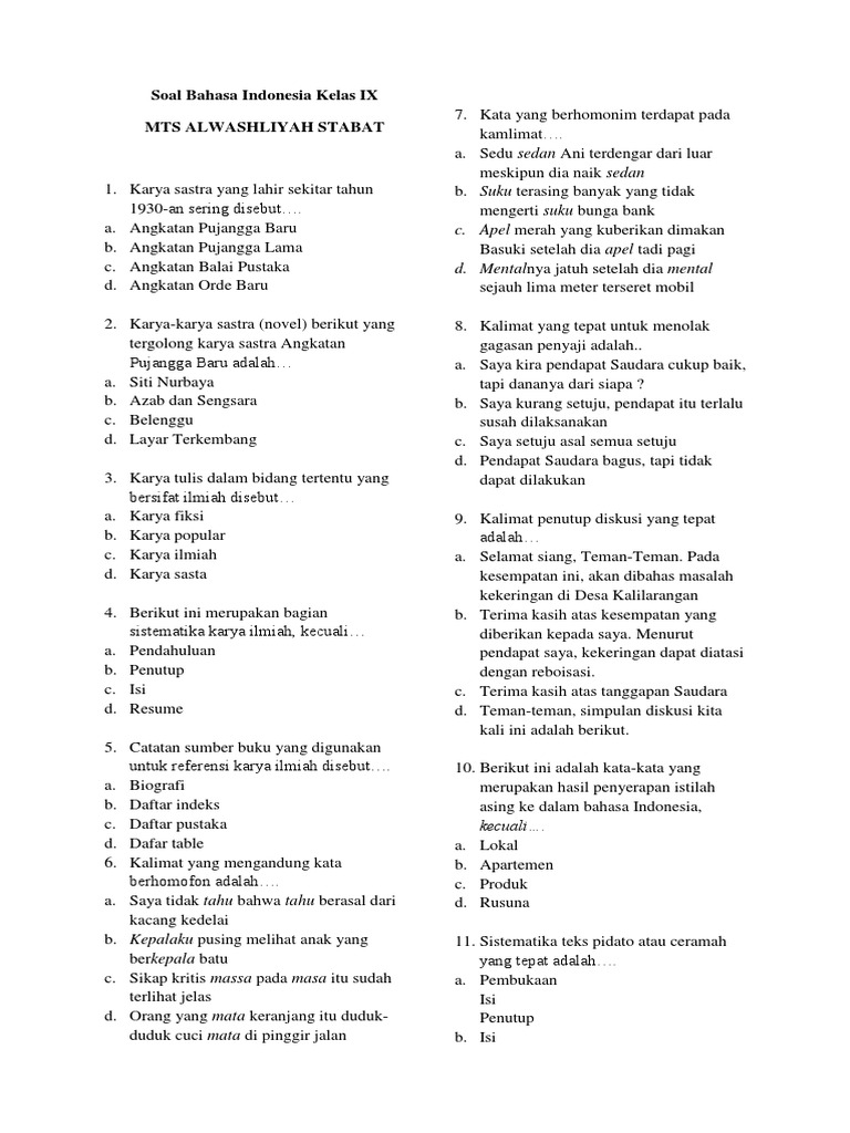 Soal Bahasa Indonesia Kelas IX MTS Alwashliyah | PDF