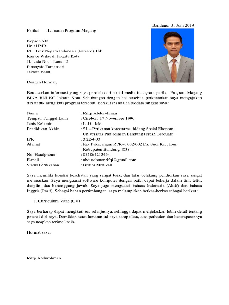 Surat Lamaran Program Magang Bina Bni