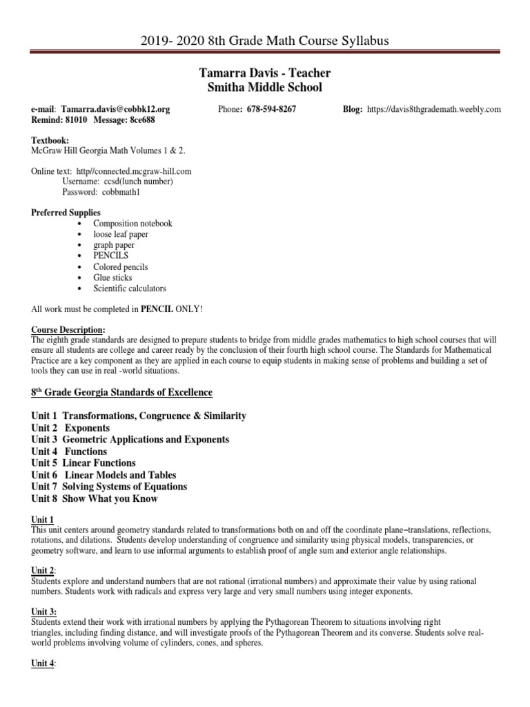 8th Grade Math Syllabus 2019-2020 | PDF | Equations | Homework