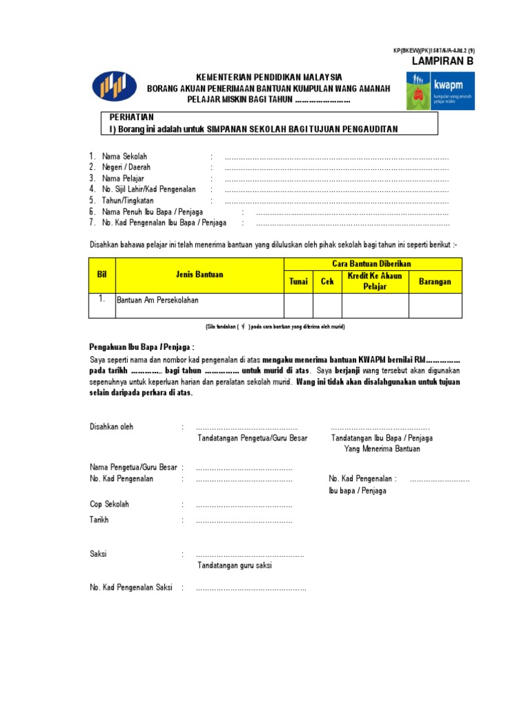 Borang Akuan Penerimaan Bantuan Kwapm 2019 Pdf