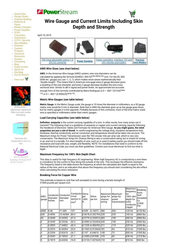 American Wire Gauge Chart and AWG Electrical Current Load Limits Table