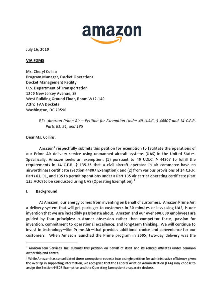 Amazon Prime Air Exemption Rulemaking PDF Risk Management