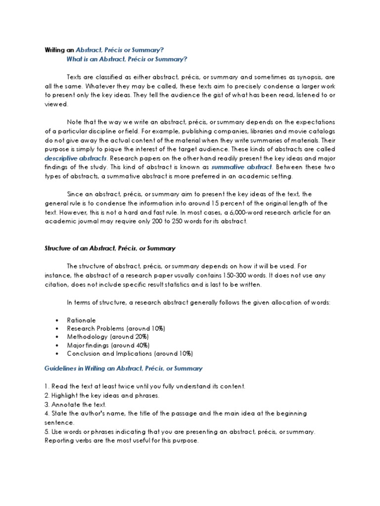 Wring An Abstract Precis Summary-STUDENT | PDF | Abstract (Summary ...