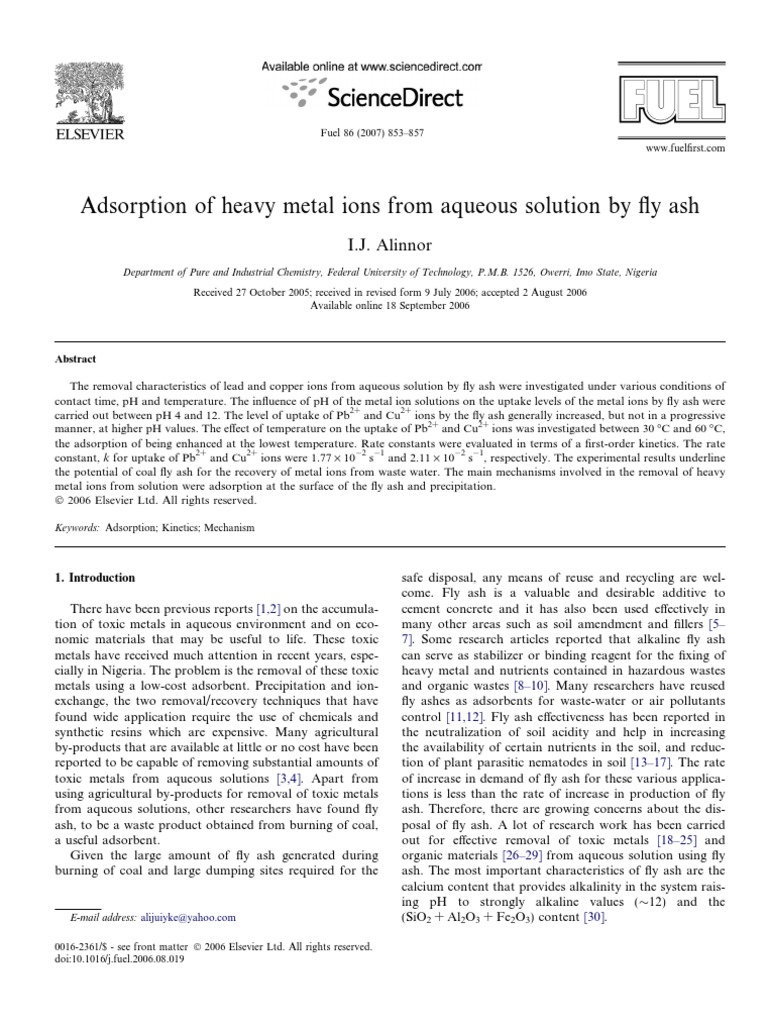 Adsorption of Heavy Metal Ions From Aqueous Solution by Fly Ash Allinor ...