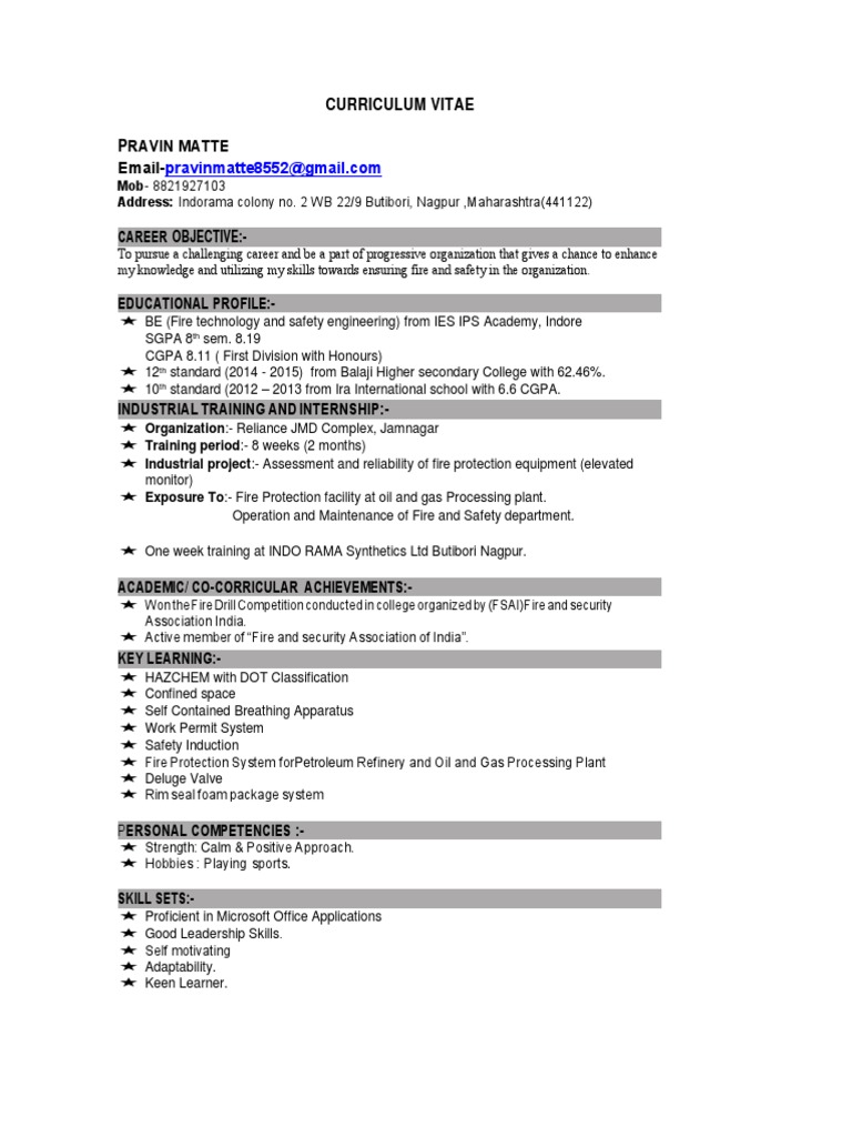 Fire Safety Engineer Resume: Pravin Matte | PDF | Career & Growth ...