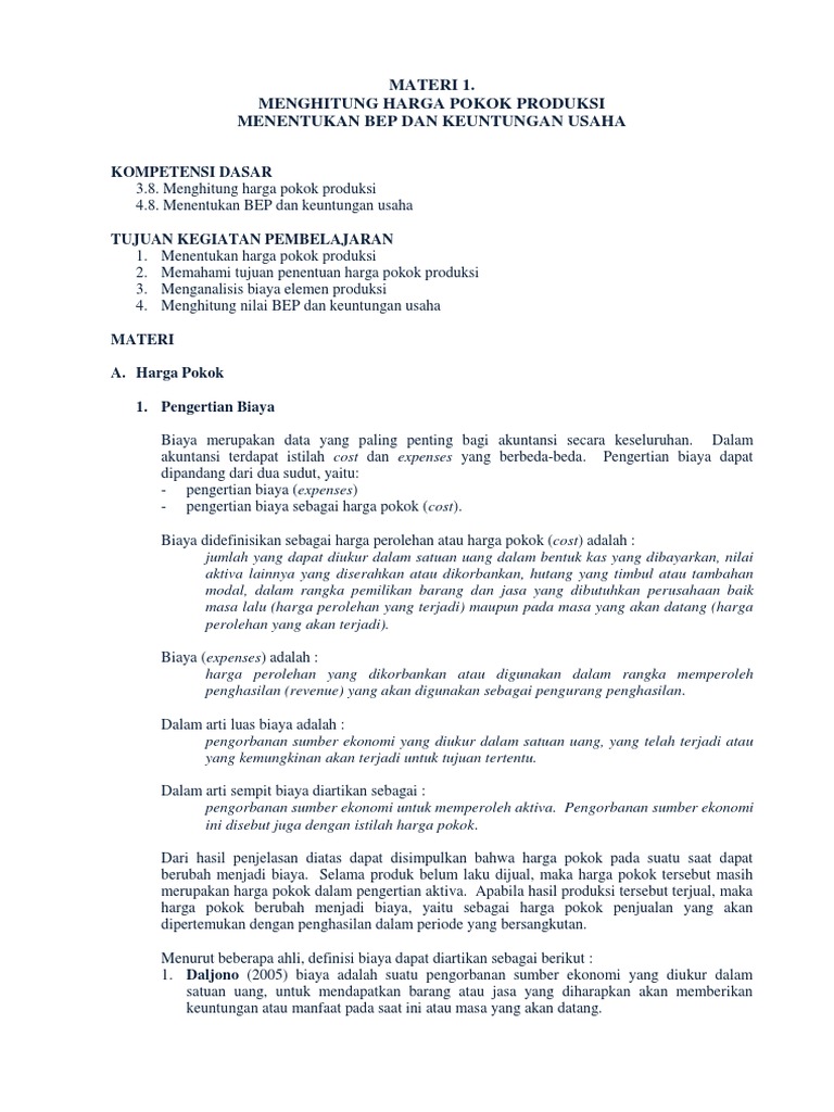 3 8 Menghitung Harga Pokok Produksi Menentukan Bep Dan Keuntungan Usaha