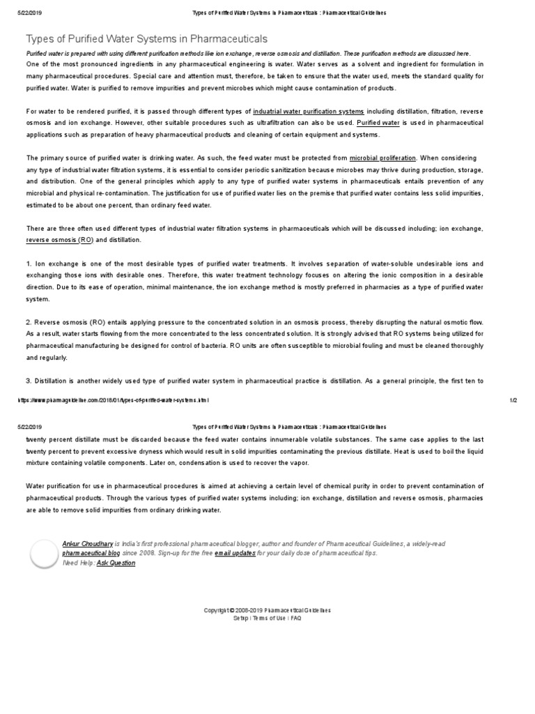 Types of Purified Water Systems in Pharmaceuticals Pharmaceutical