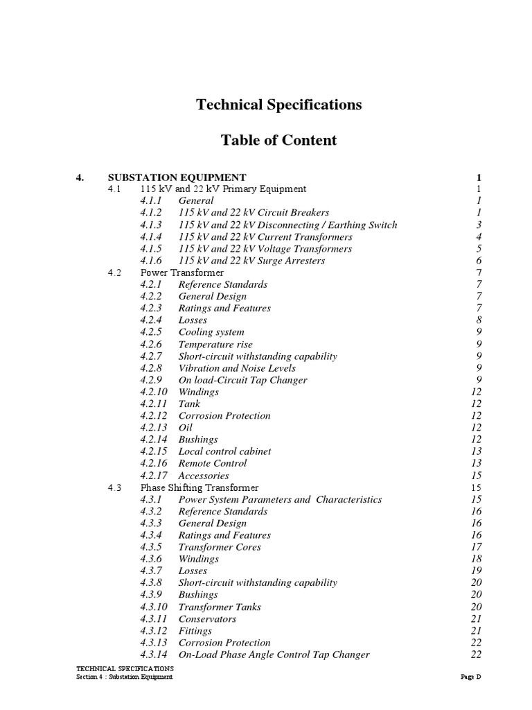 Substation Equipment Technical Specs | PDF | Transformer | Switch