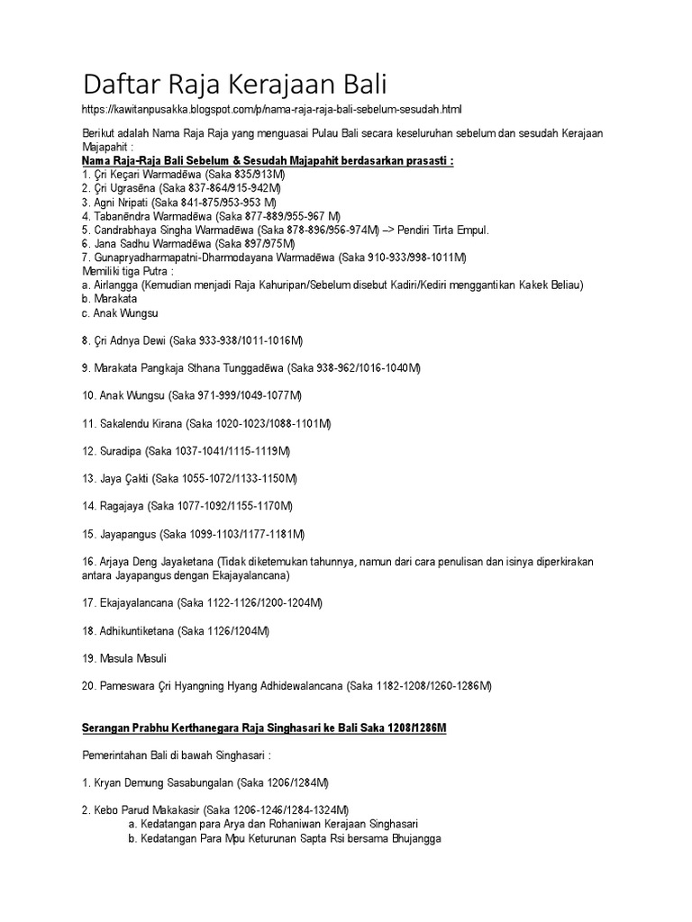 Daftar Raja-Raja Kerajaan Bali Kuno | PDF | Sejarah