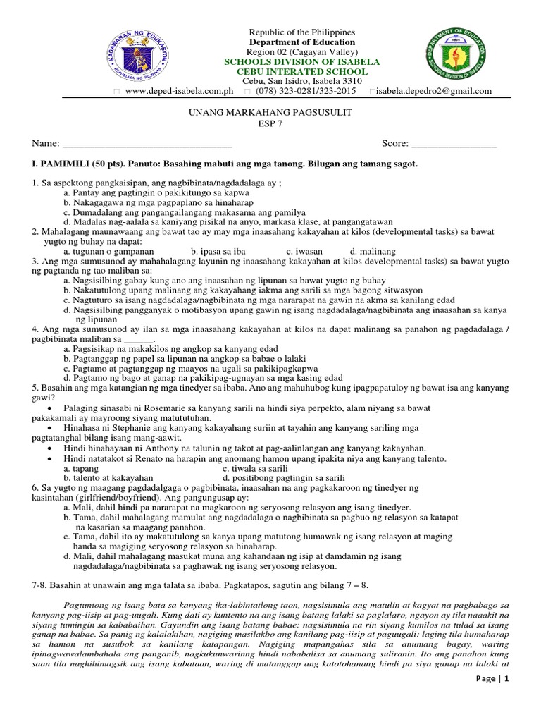ESP 7 - 1st Quarter | PDF