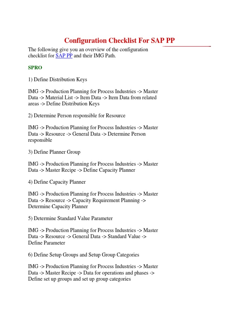 Configuration Checklist For SAP PP | PDF | Production And Manufacturing ...