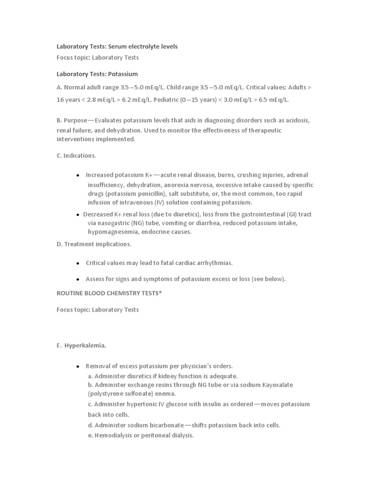 Laboratory Tests Serum Electrolyte Levels Routine Blood Chemistry
