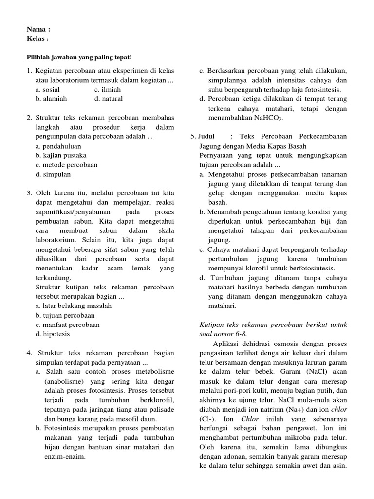 Soal Teks Laporan Percobaan