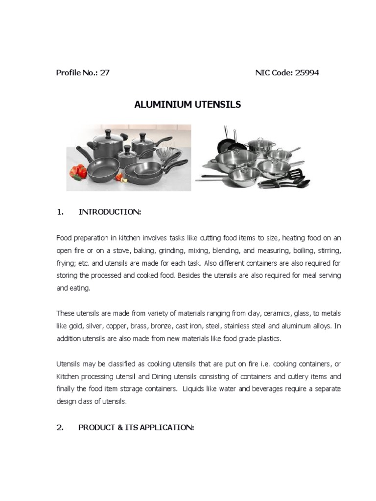 Aluminium Utensils Profile No. 27 NIC Code 25994 Download Free PDF