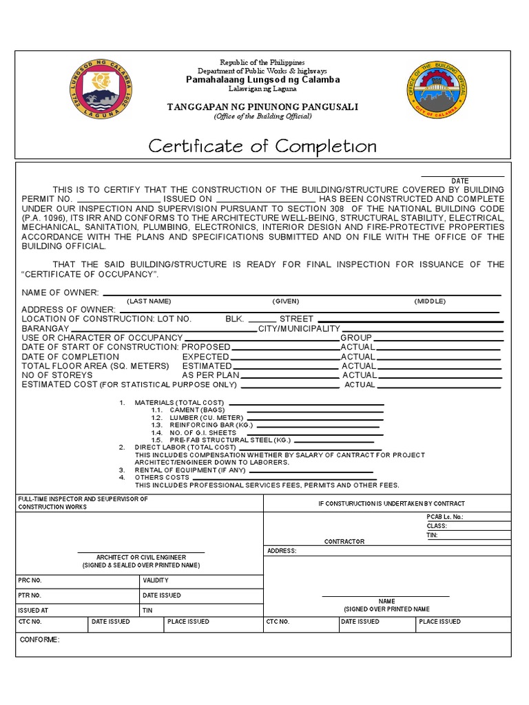 Mechanical Completion Certificate Form | PDF | Economic Sectors ...