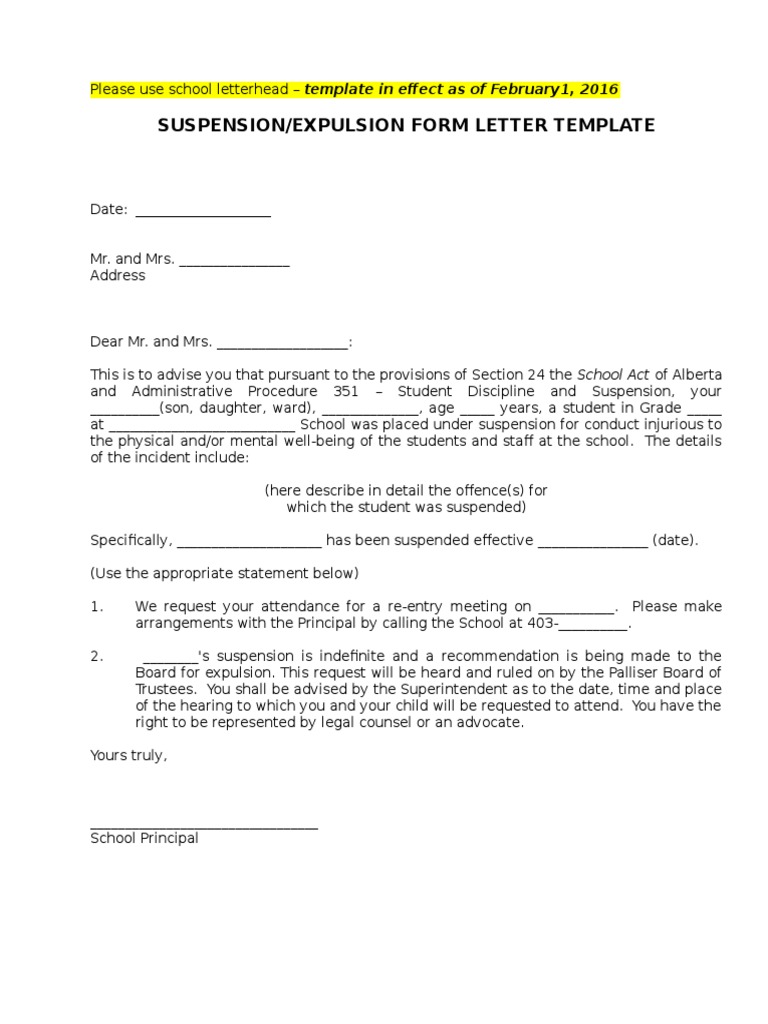 Suspension Expulsion Form Letter Template February 1, 2016 | PDF ...