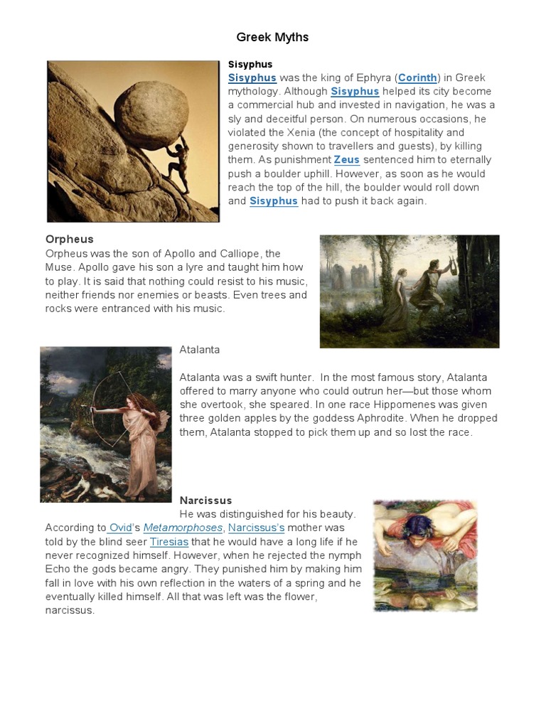 Key Greek Myths: Sisyphus, Orpheus, Atalanta, Narcissus | PDF | Young ...