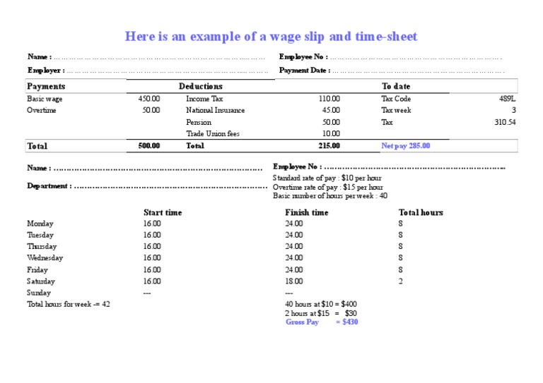 Wage Slip and Timesheet Example | PDF