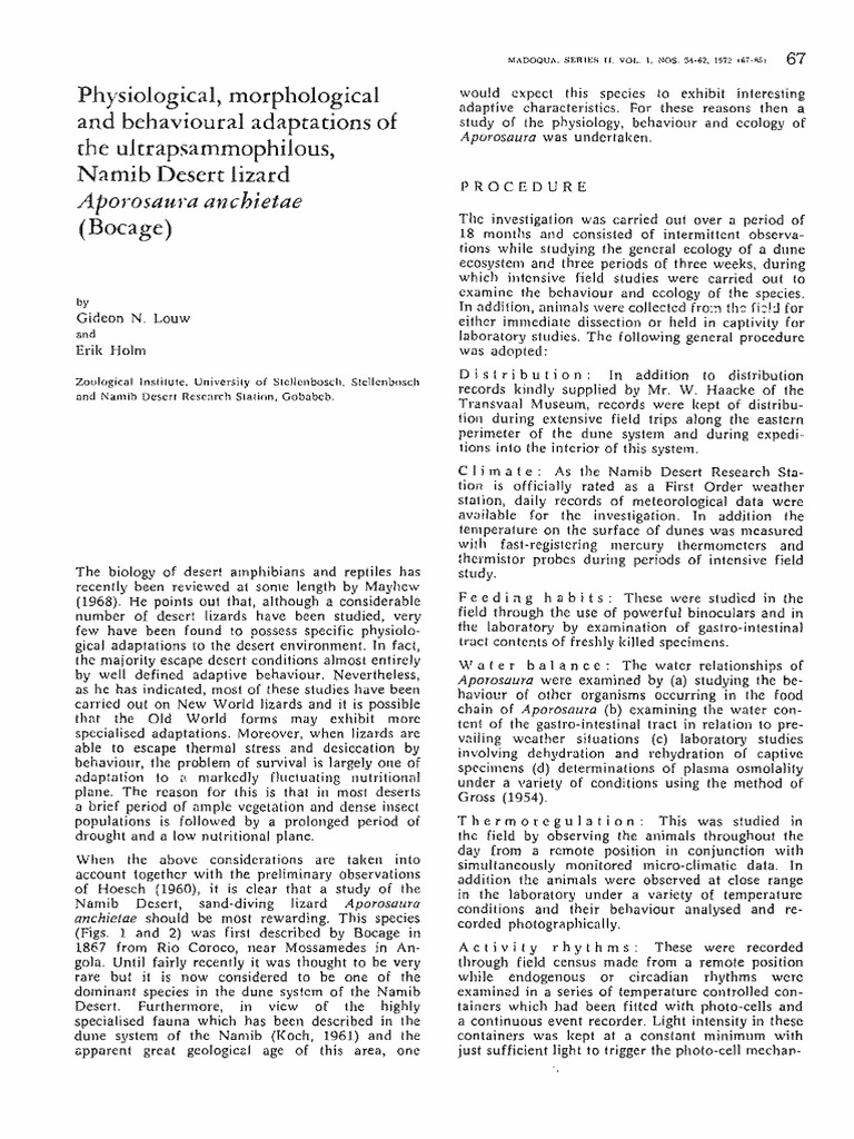 Physiological - Morphological and Behavioural Adaptations of Namib