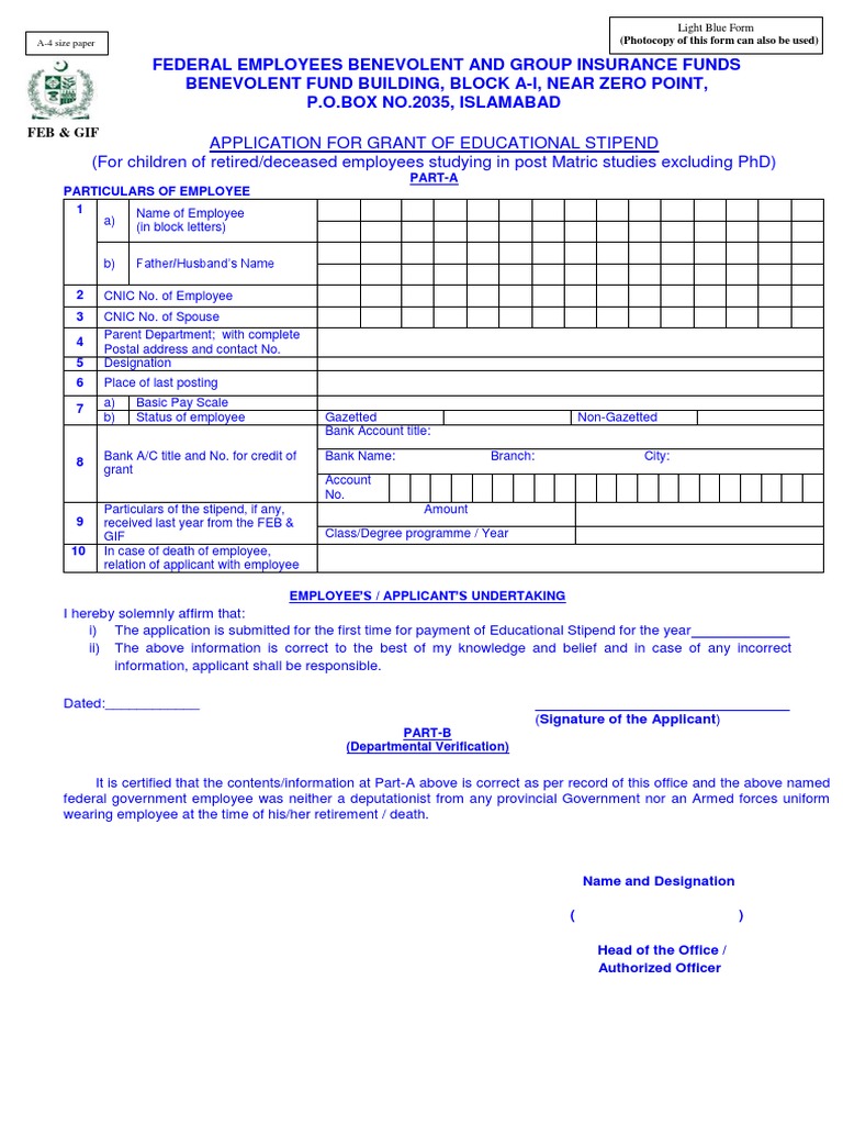 Application For Grant of Educational Stipend (For Children of 