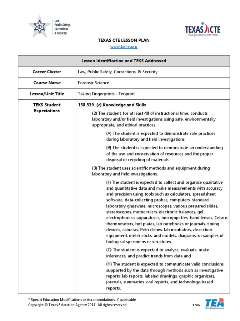 Lesson Plan Taking Fingerprints - Tenprint - 0 | PDF | Fingerprint ...