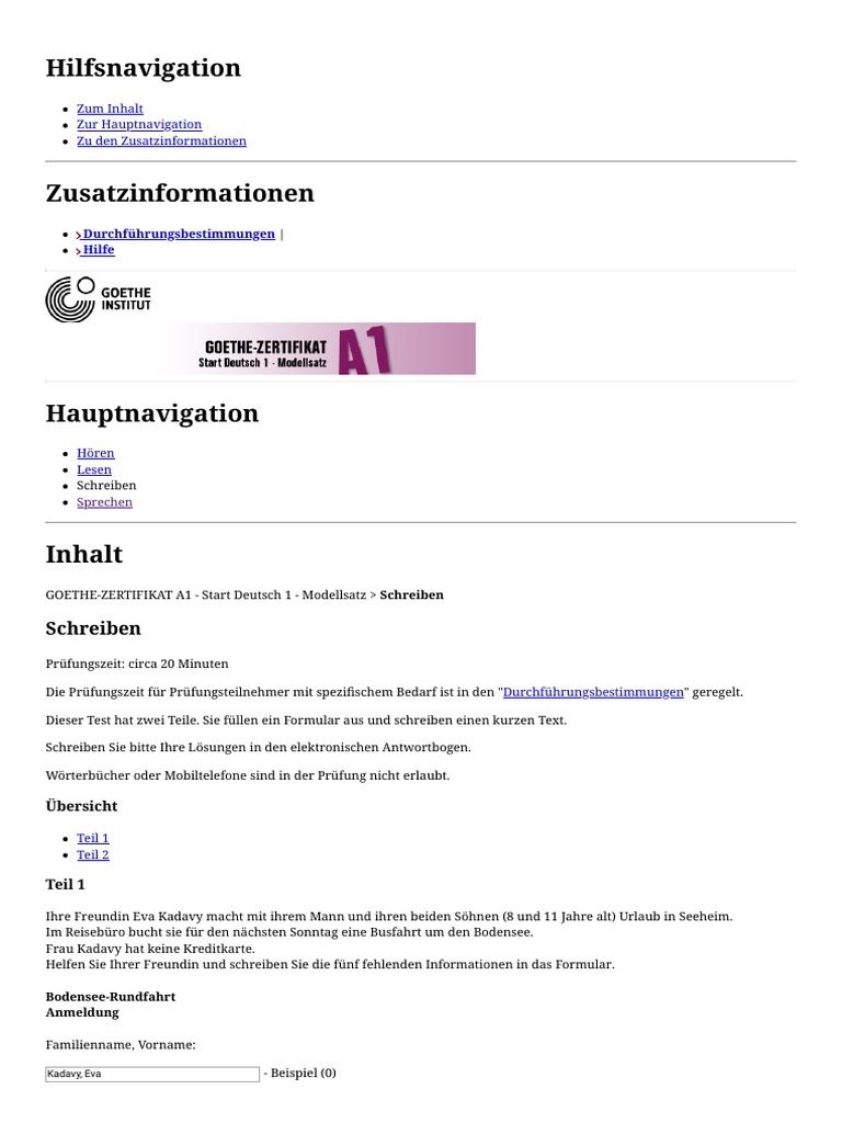 Goethe-zertifikat a1 start deutsch 1- beispiel prüfung modellsatz