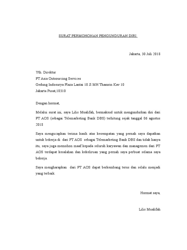 Surat Permohonan Pengunduran Diri Lilis