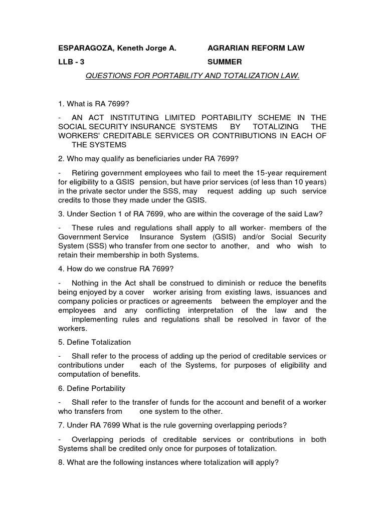 Questions For Portability and Totalization Law.: ESPARAGOZA, Keneth ...