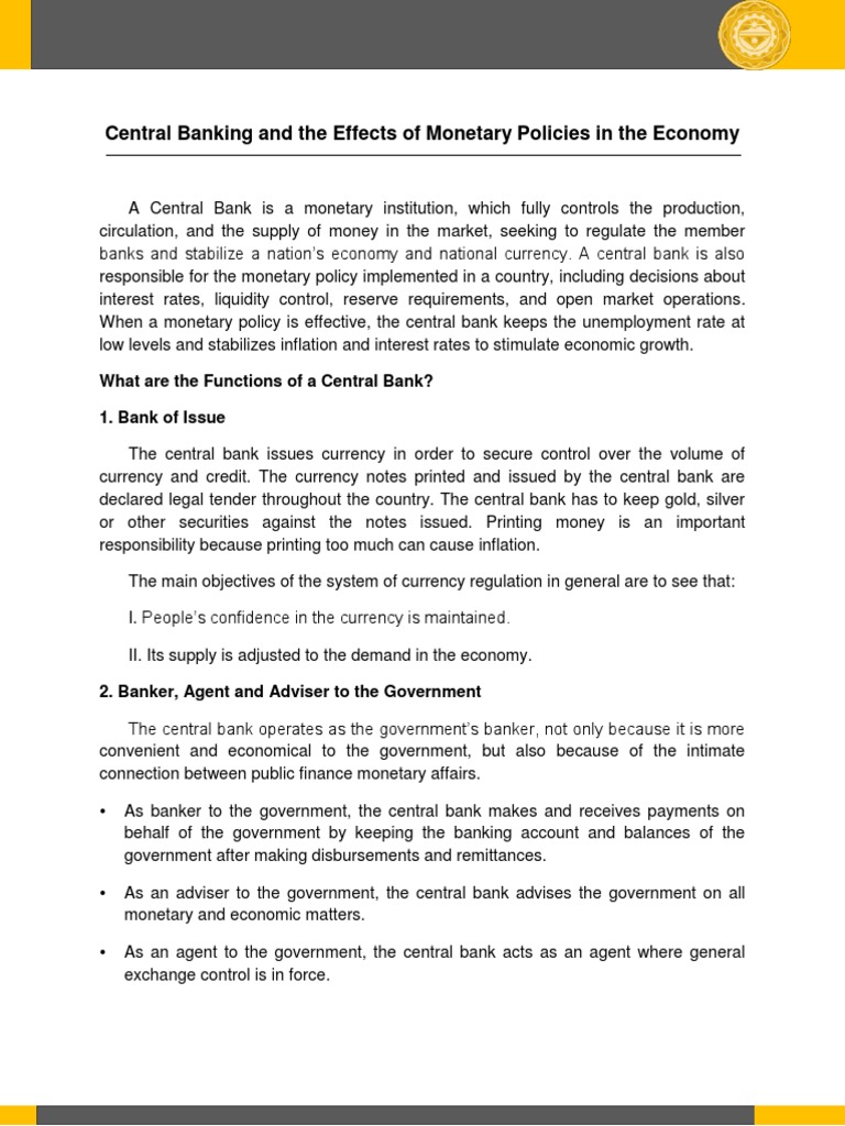 Central Banking and Policy Functions, Tools, and Effects on