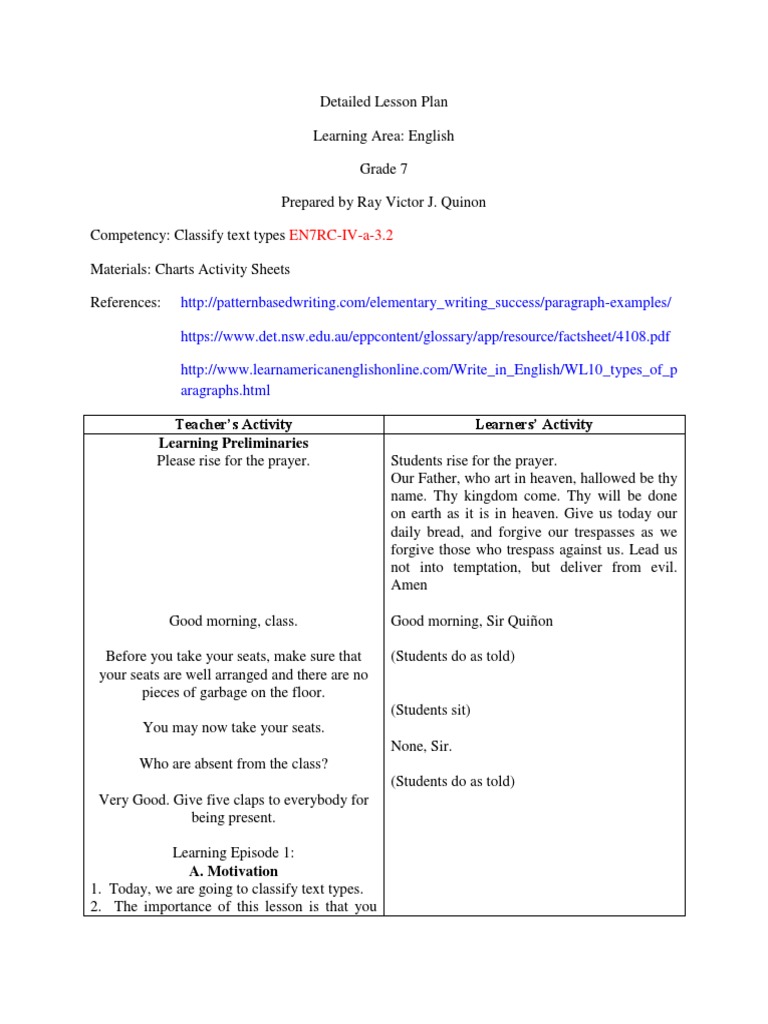 Grade 7 English Text Type Classification | PDF | Narrative | Narration