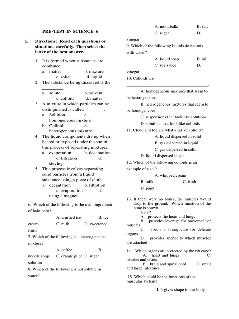 Science Pre-Test for Grade 6 Students | PDF | Human Body | Solution
