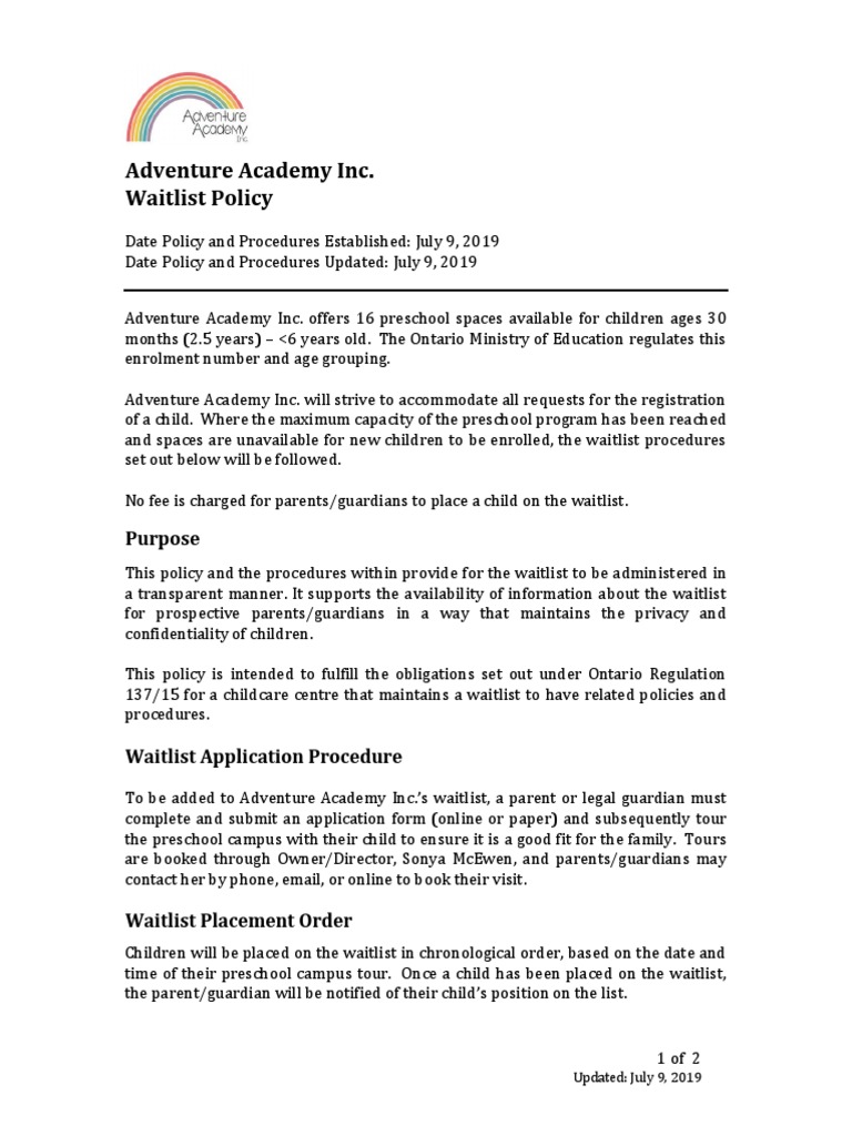 Adventure Academy Inc Waitlist Policy | PDF | Public Sphere | Privacy