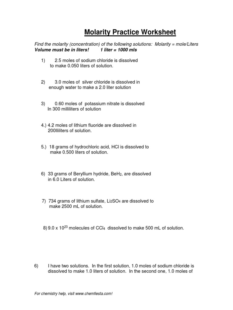 Soln WS More Practice | PDF | Molar Concentration | Mole (Unit)