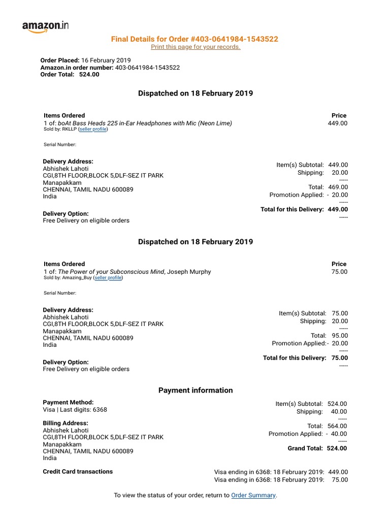Amazon Order Summary: Headphones & Book | PDF | Visa Inc. | Financial ...