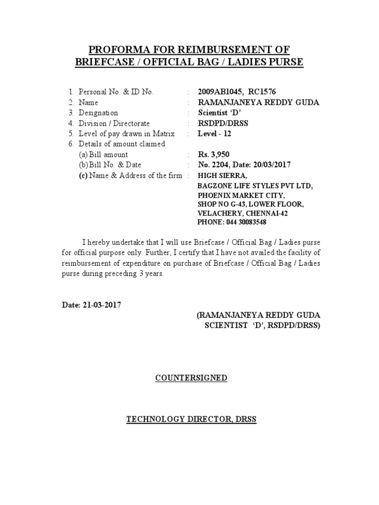 Proforma For Reimbursement of Briefcase / Official Bag / Ladies Purse PDF