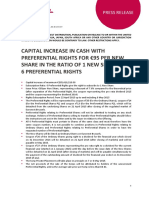 Capital Increase in Cash With Preferential Rights For 95 Per New Share in The Ratio of 1 New Share For 6 Preferential Rights