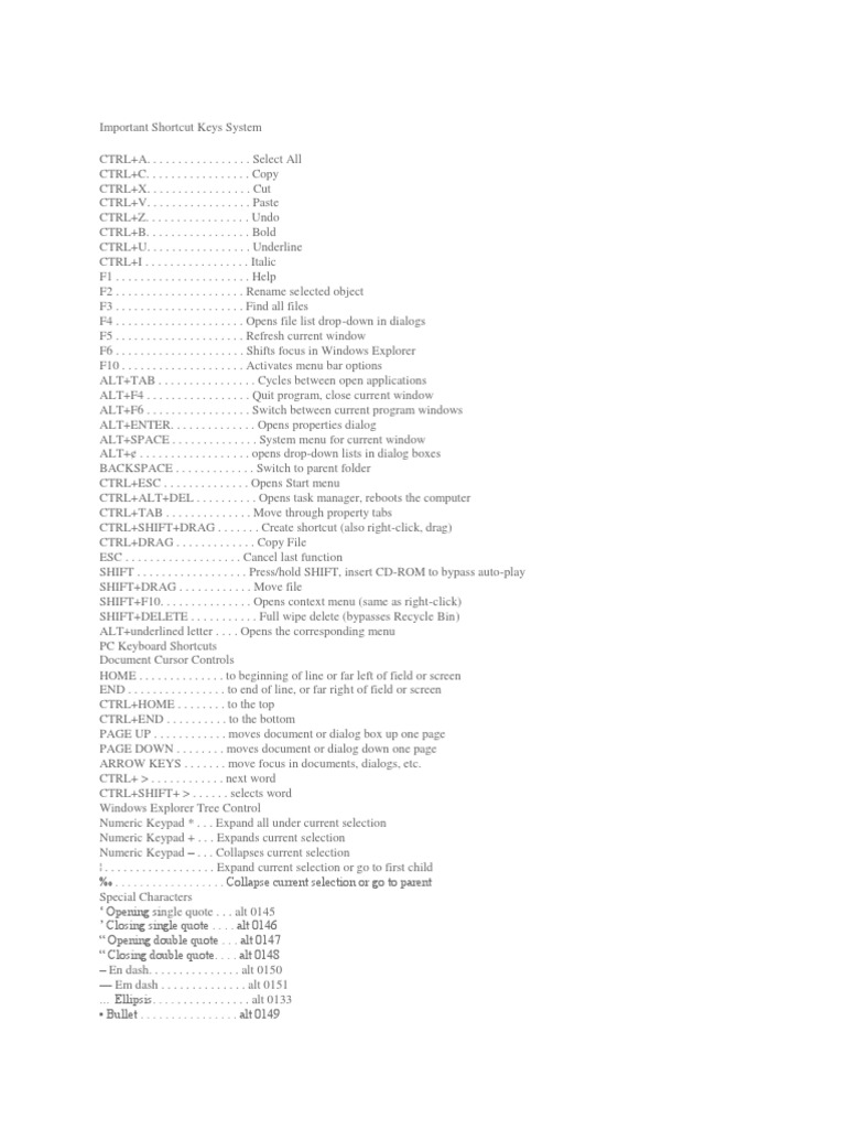 Important Shortcut Keys System | PDF | Business